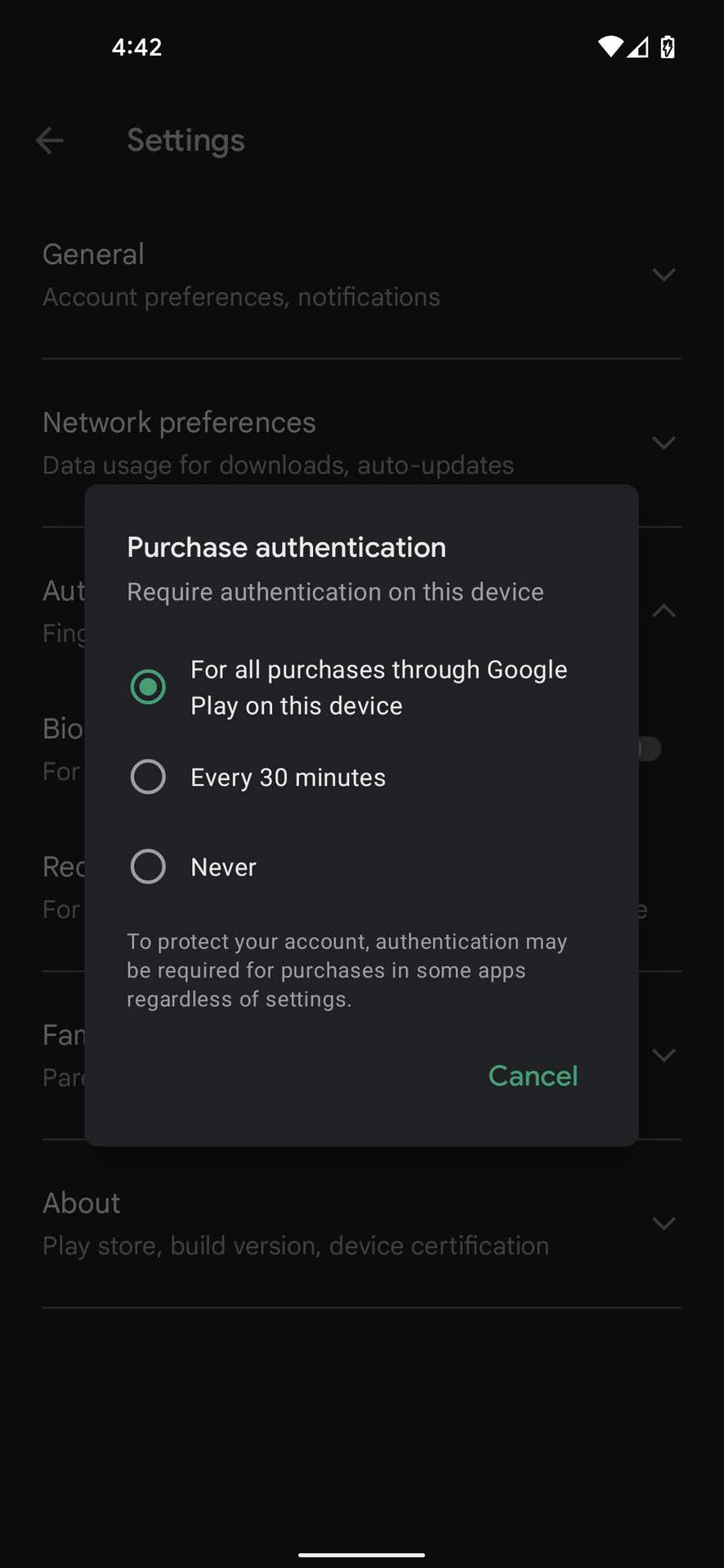 Activate Authentication for purchases on Google Play Store 3