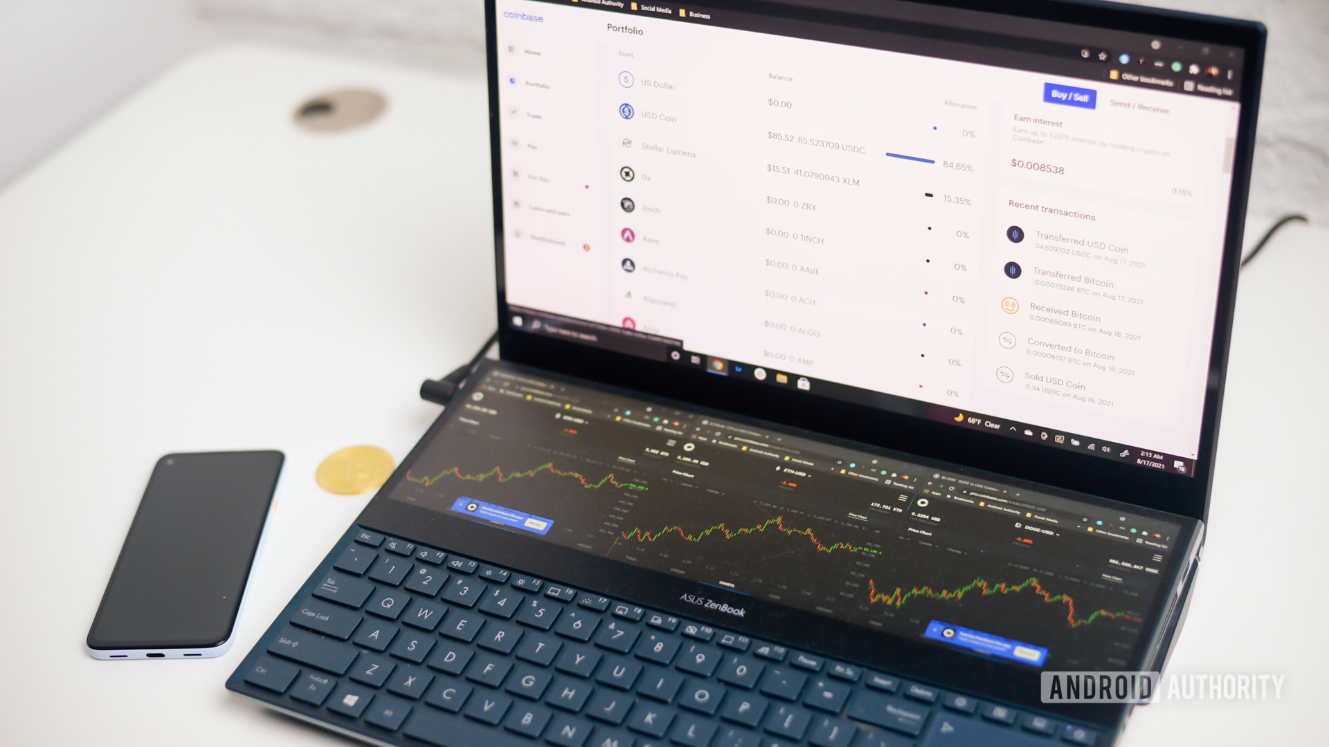 Coinbase wallet portfolio on laptop stock image