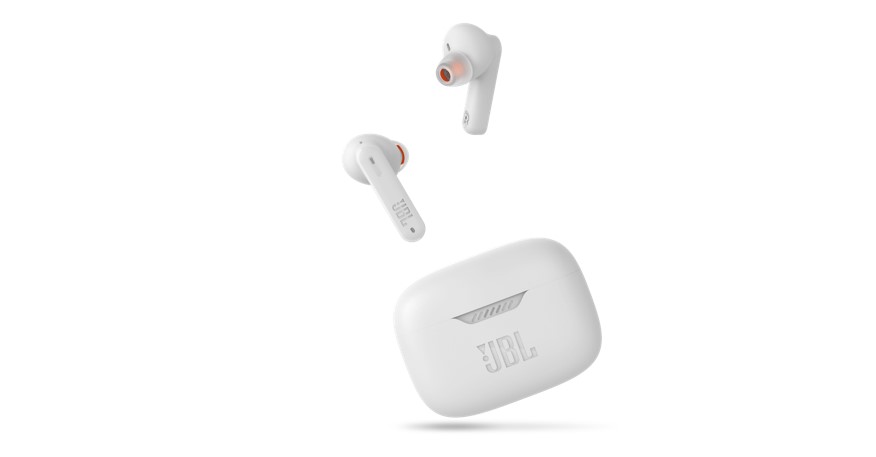 The JBL Tune 230 true wireless earbuds in white against a white background.