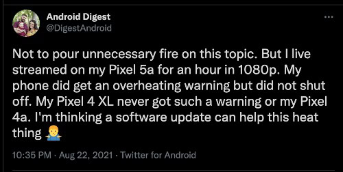 Pixel 5a overheating tweet 1