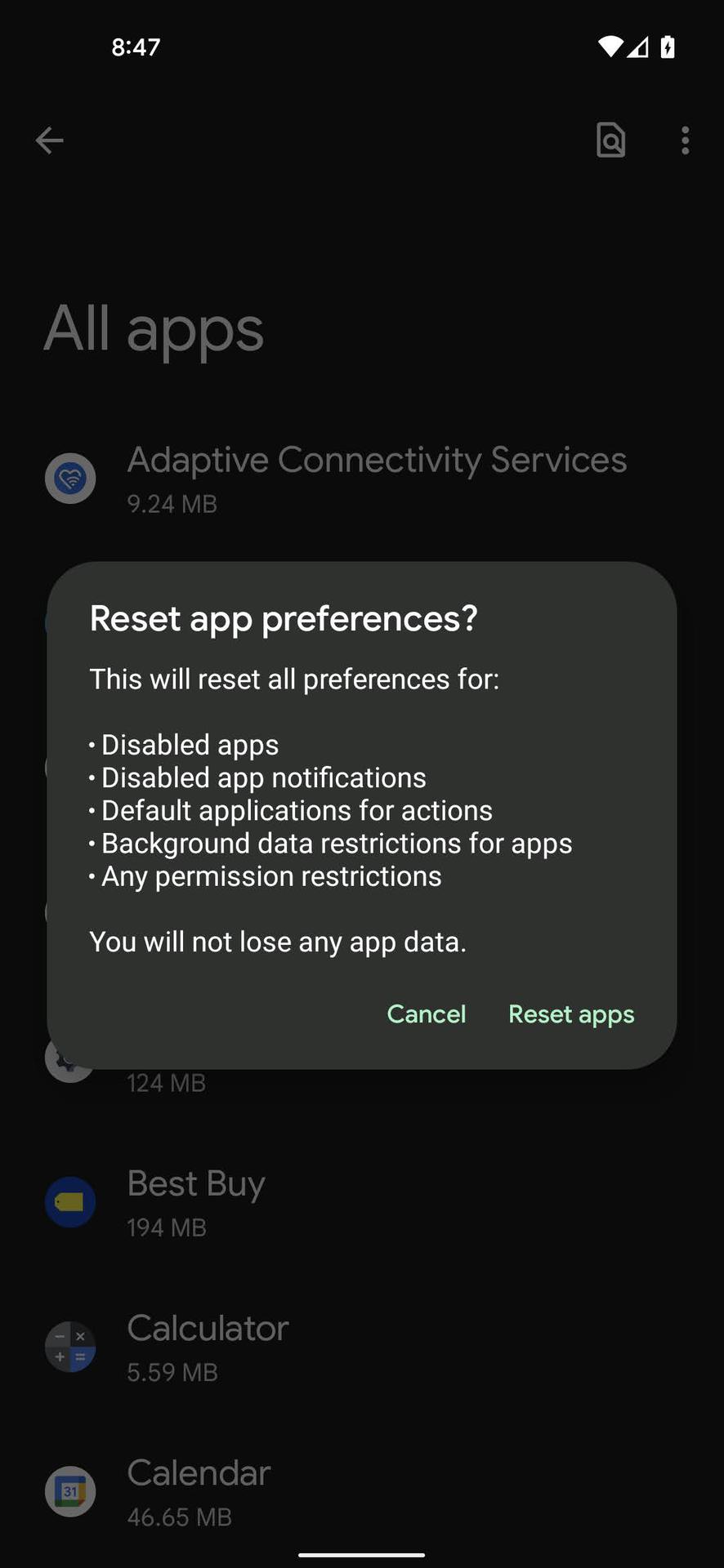 Reset app defaults on Android 12 5