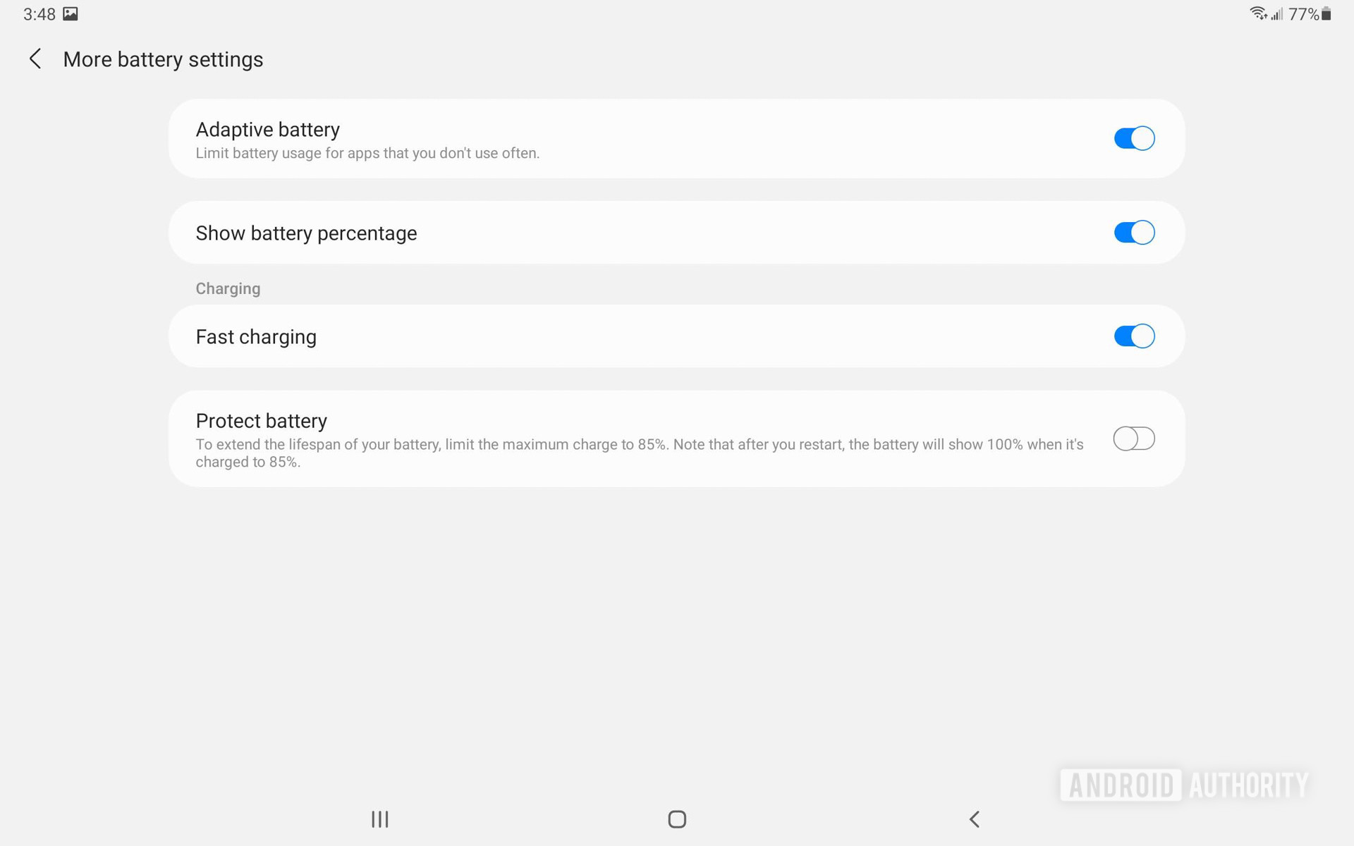 Samsung Galaxy Tab S7 FE One UI Battery settings