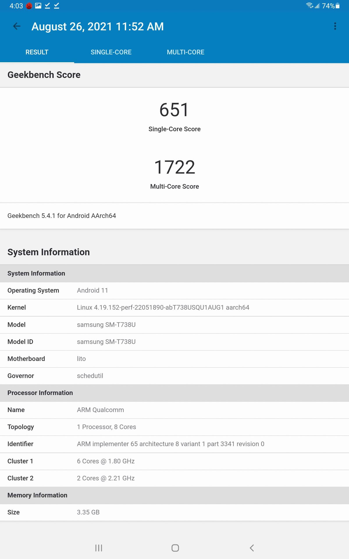 Samsung Galaxy Tab S7 FE One UI Geekbench 5 benchmark
