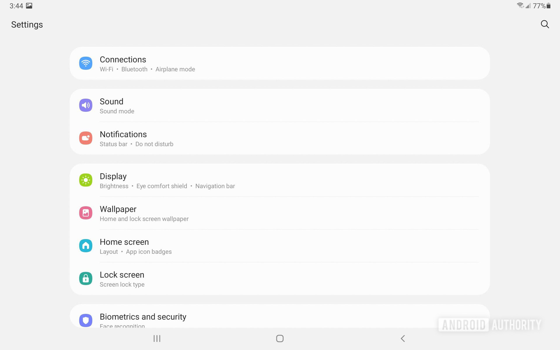 Samsung Galaxy Tab S7 FE One UI settings menu