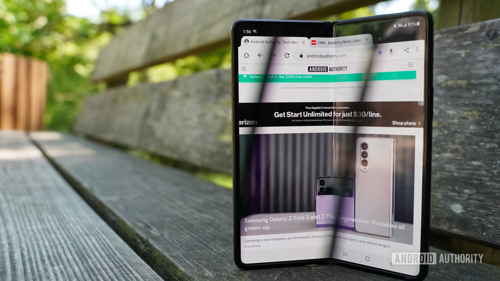Samsung Galaxy Z Fold 3 open screen bench
