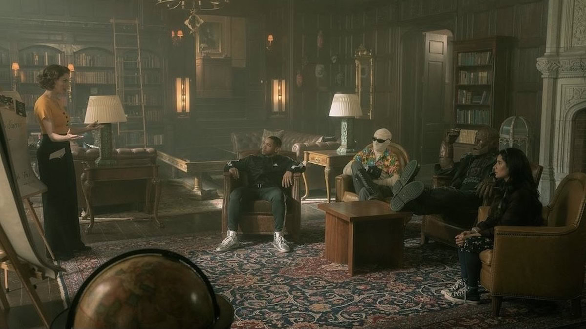 april bowlby, joivan wade, matt bomer, brendan fraser, and dianne guerrero sit in a foyer in Doom Patrol - when is doom patrol season 4 coming to hbo max