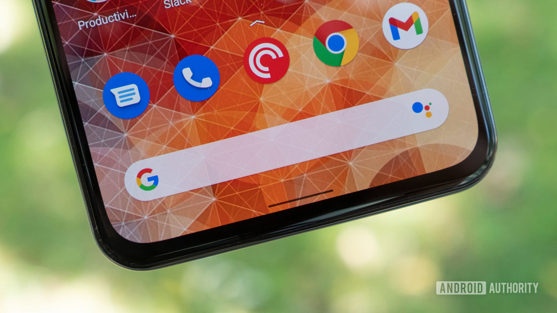 the Google Pixel 5a home screen with a close-up of the Google search bar