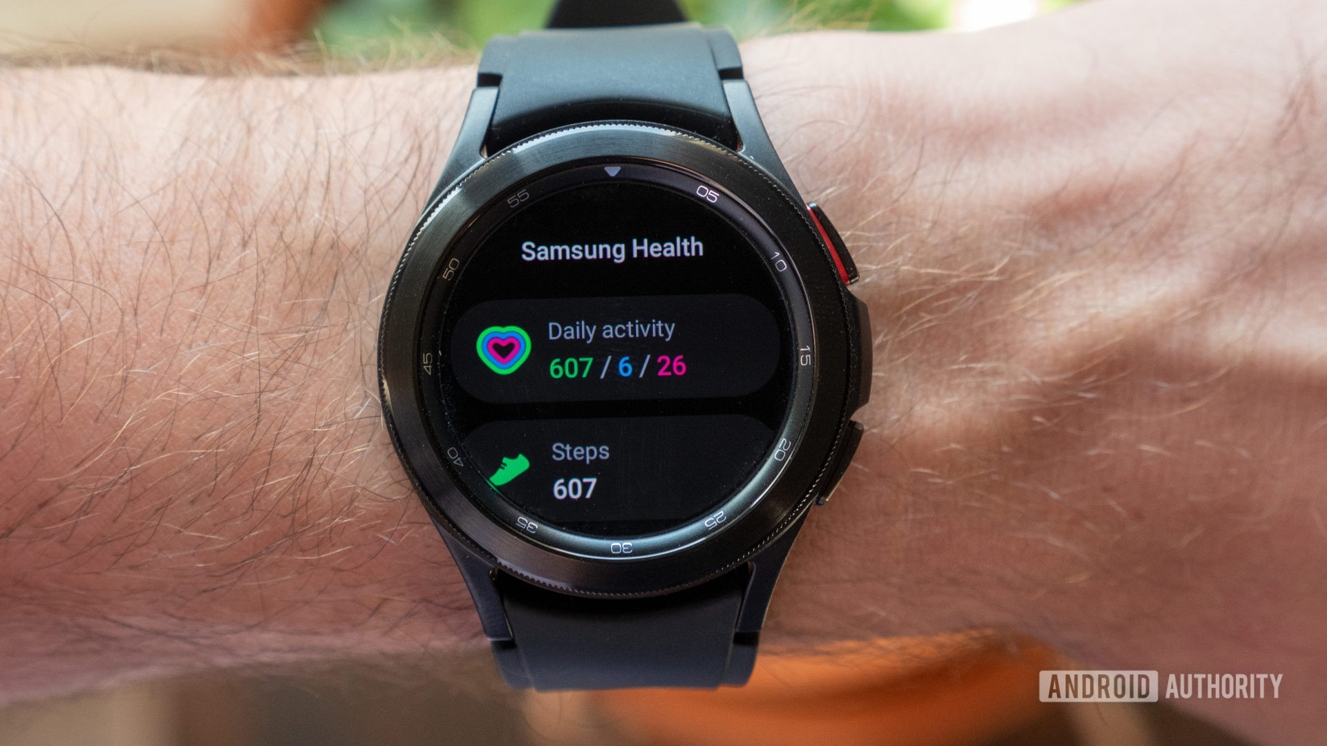 The Samsung Galaxy Watch 4 Classic showing the Samsung Health app on wrist