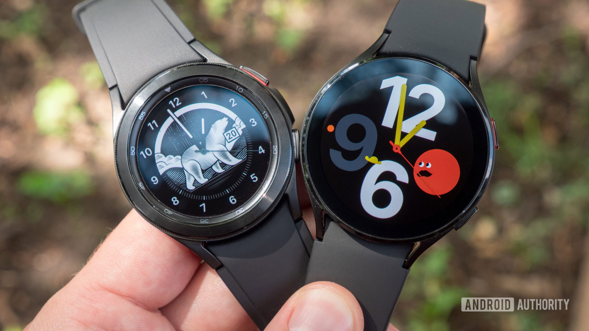 A users holds both a Samsung Galaxy Watch 4 and a Samsung Galaxy Watch 4 Classic in hand.