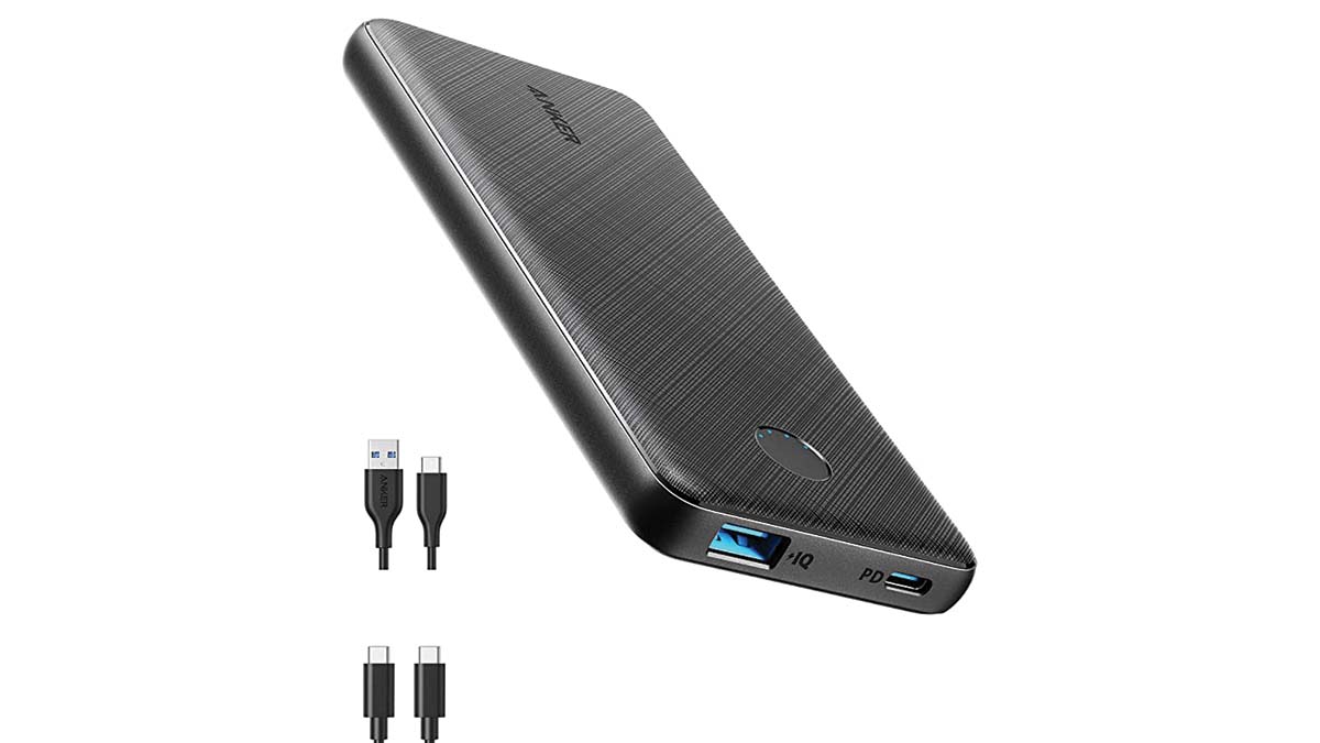 Product shot of the Anker PowerCore Slim portable charger in black.