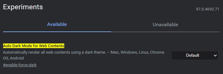 Auto Dark Mode Chrome flag