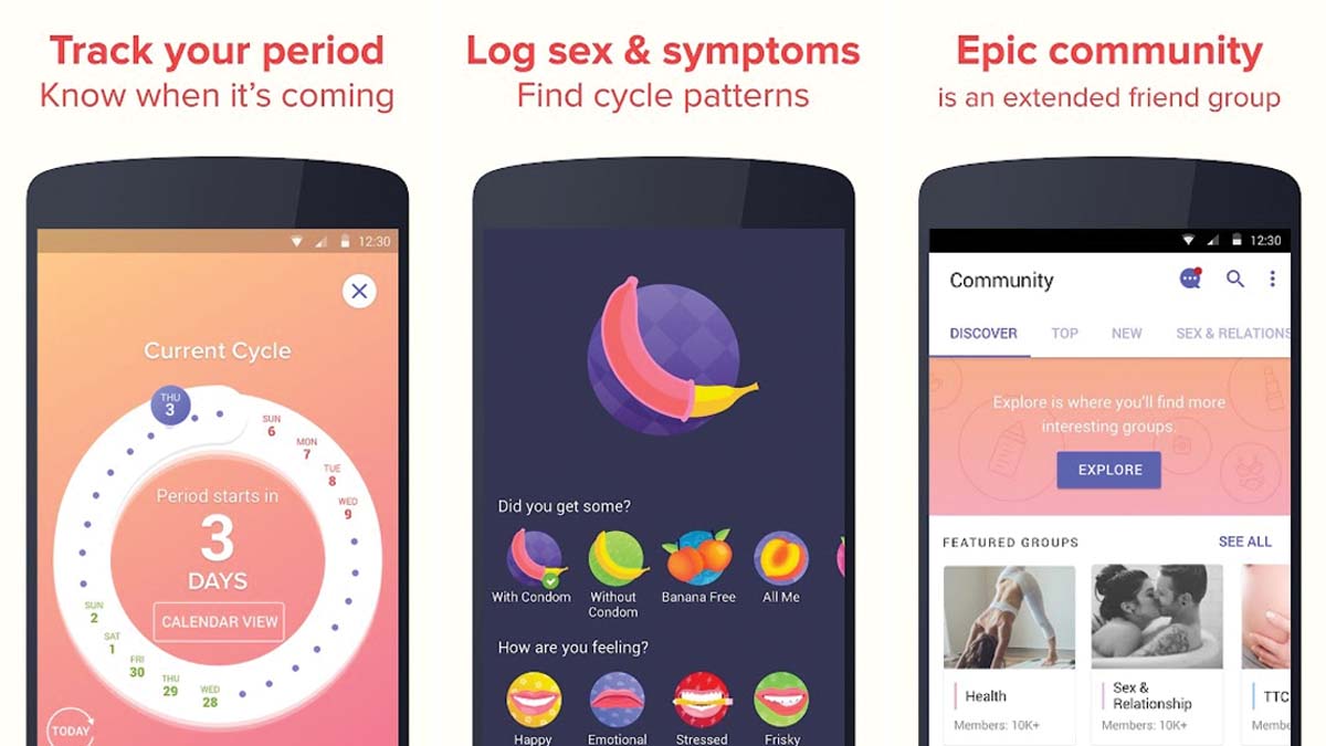 Screenshots of the Eve period tracker app highlight the apps emphasis on sexual health.