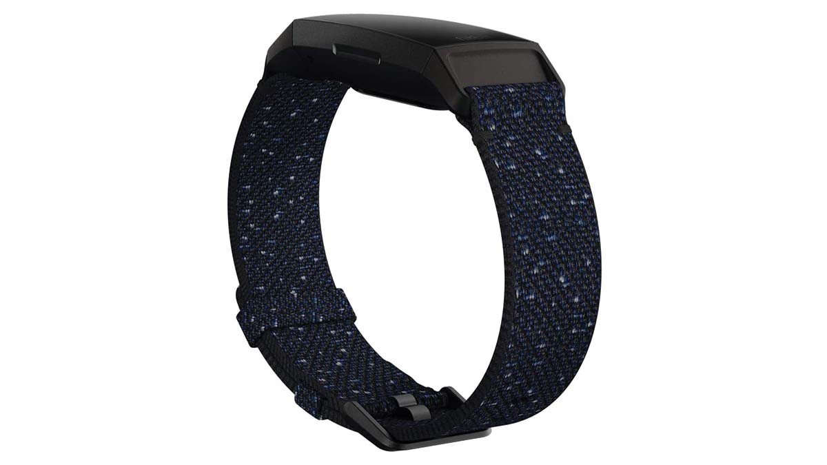 Product shot of a Fitbit Charge 4, with a Fitbit woven band in Midnight.