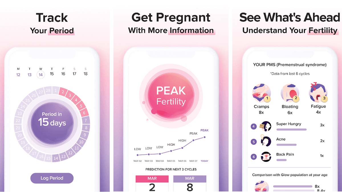 Screenshots of the Glow app in the Google Play Store illustrate some of the period trackers top features.