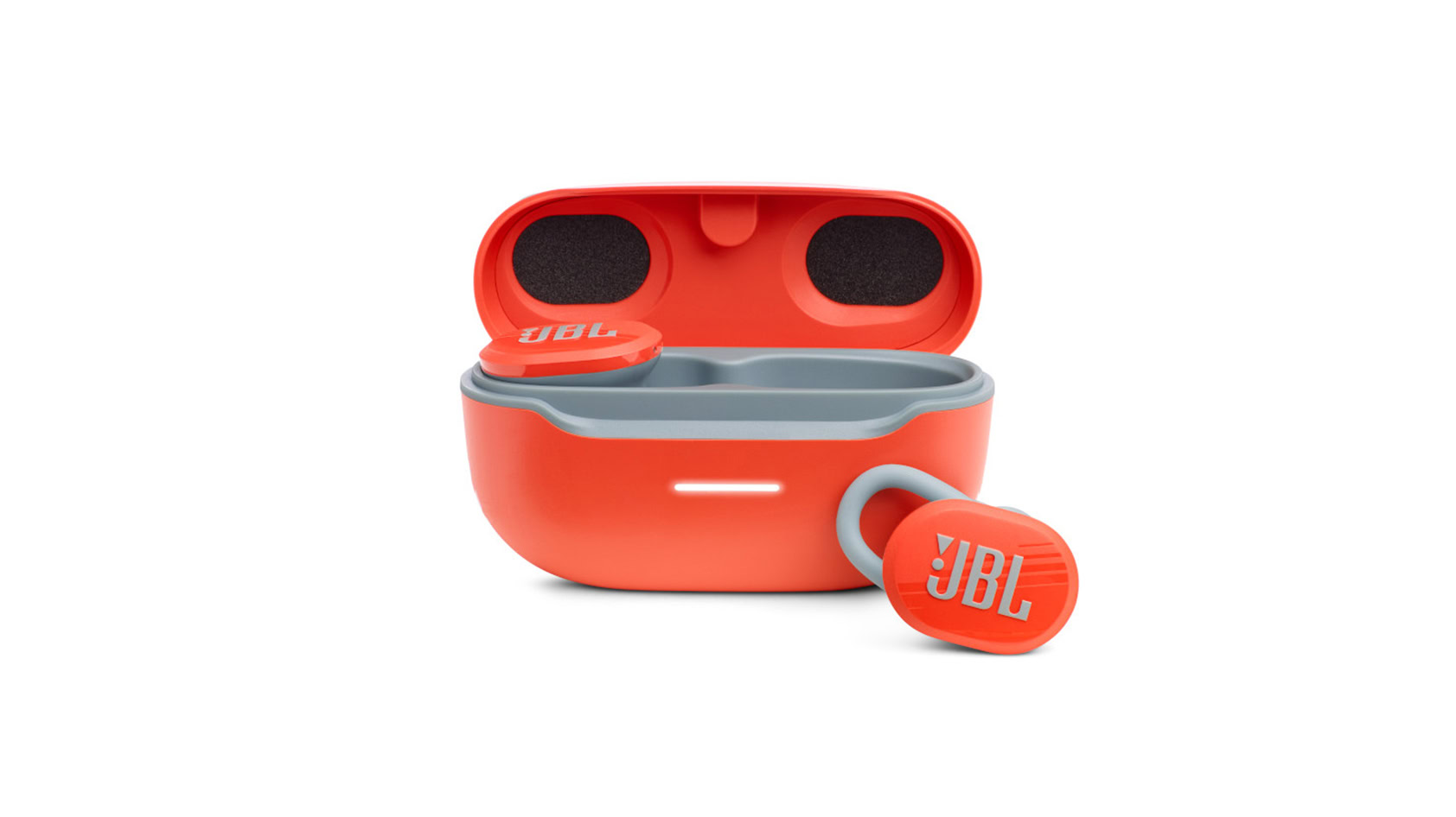 The JBL Endurance Race true wireless workout earbuds in coral against a white background.