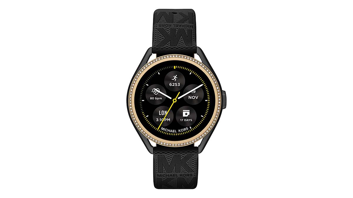 Product image of a Michael Kors Gen 5E MKGO smartwatch in black.