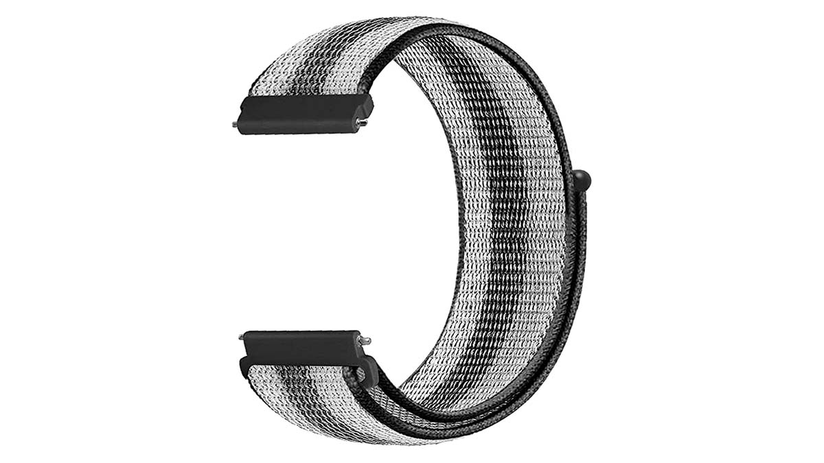 Product shot of a Morsey nylon quick-release band in striped black.