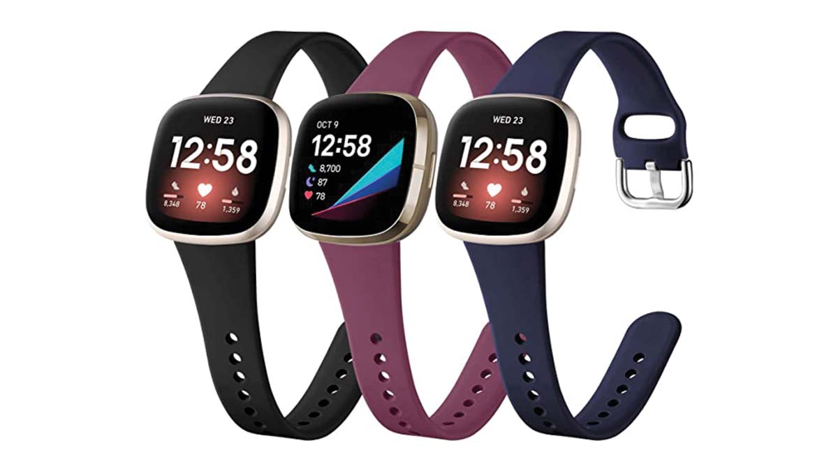 Product shot of a Ouwegaga Slim Band three-pack in black, fuchsia, and navy blue.