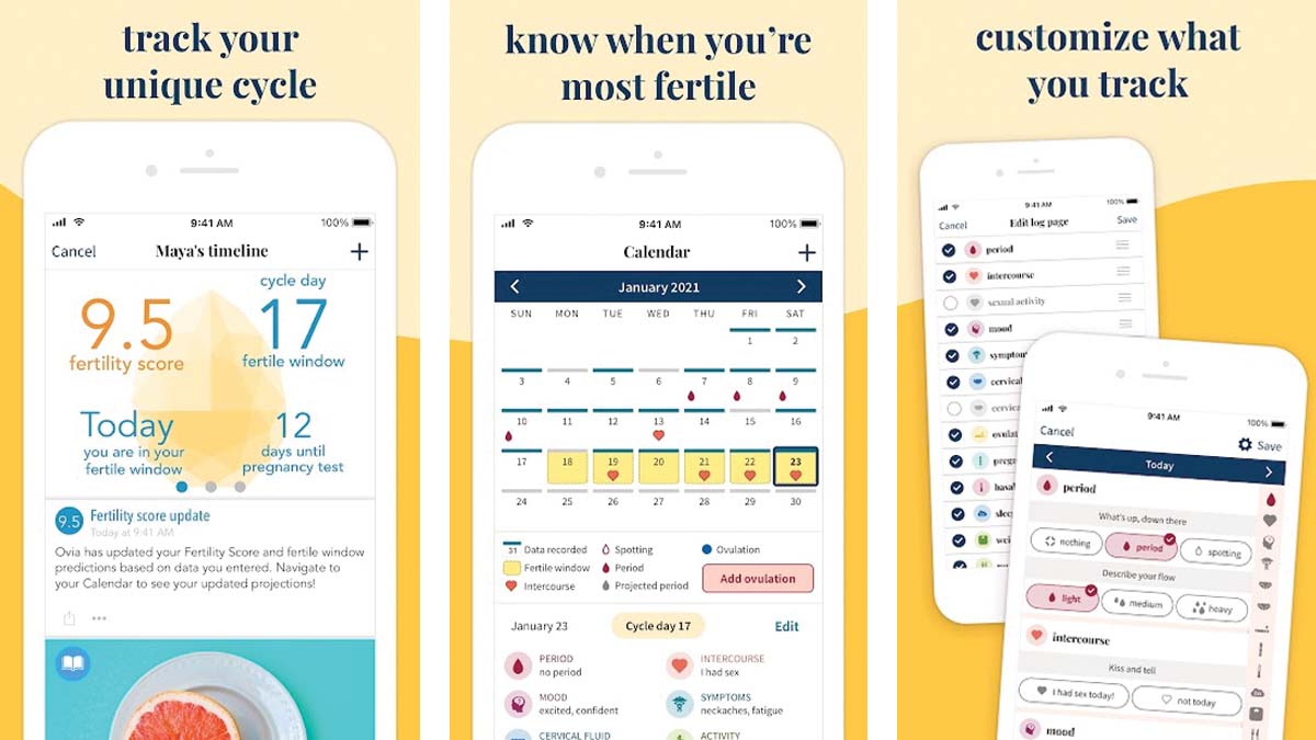Screenshots of the Ovia app in the Google Play store depict how the app tracks fertility.