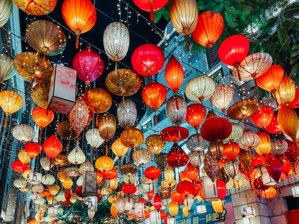 Picture of Chinese lanterns lit up at night