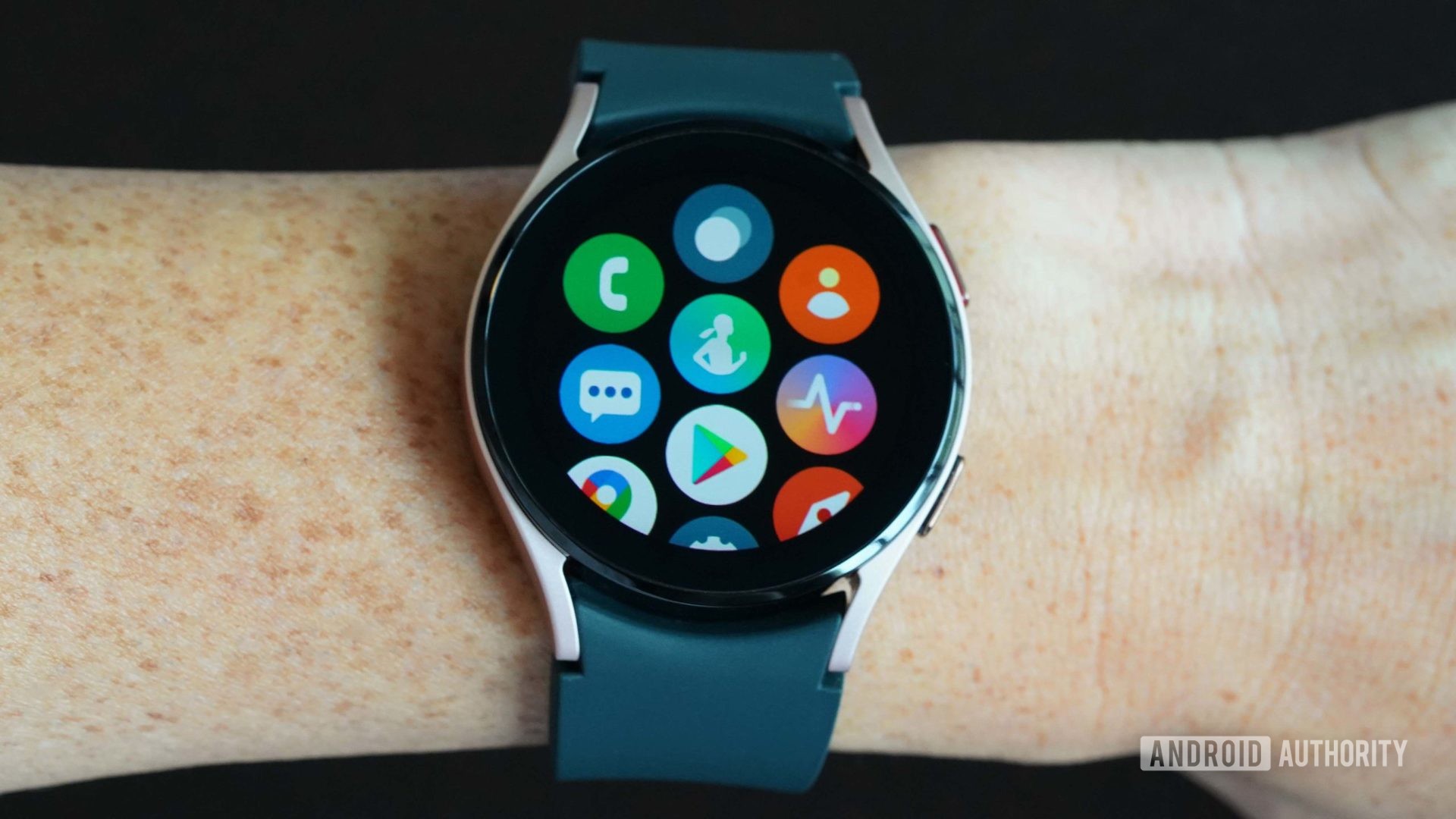 Samsung Galaxy Watch 4 displays its app screen on a black background.