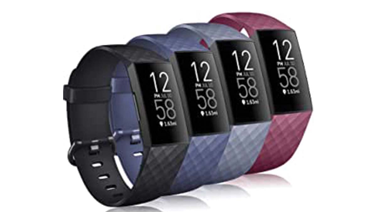Product image of a Tobfit Silicone Fitbit Charge 4 Bands four-pack in black, blue, blue-grey, and wine red.
