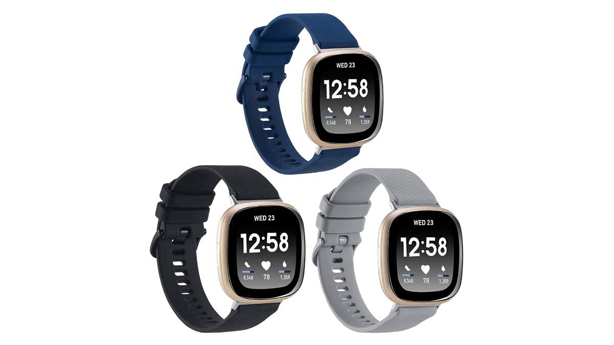 Product shot of Voma classic silicone bands in black, gray and Midnight Blue.