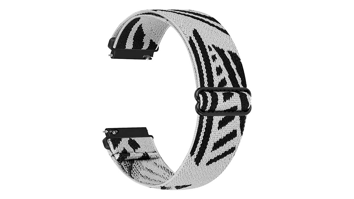 Product shot of a Wniph nylon loop band in gray and black.