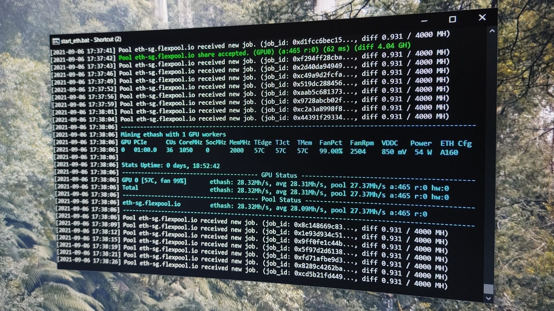 Terminal window showing Ethereum mining stats