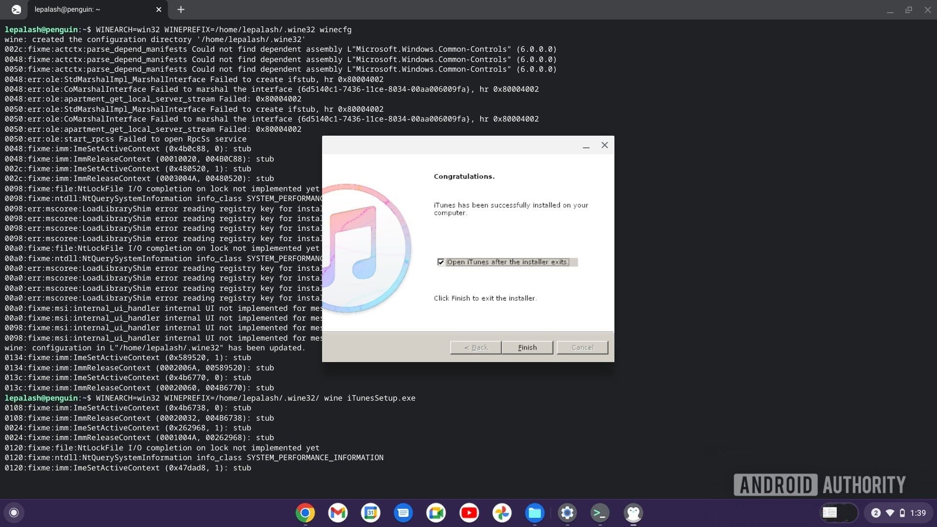 iTunes Chromebook Wine setup finish