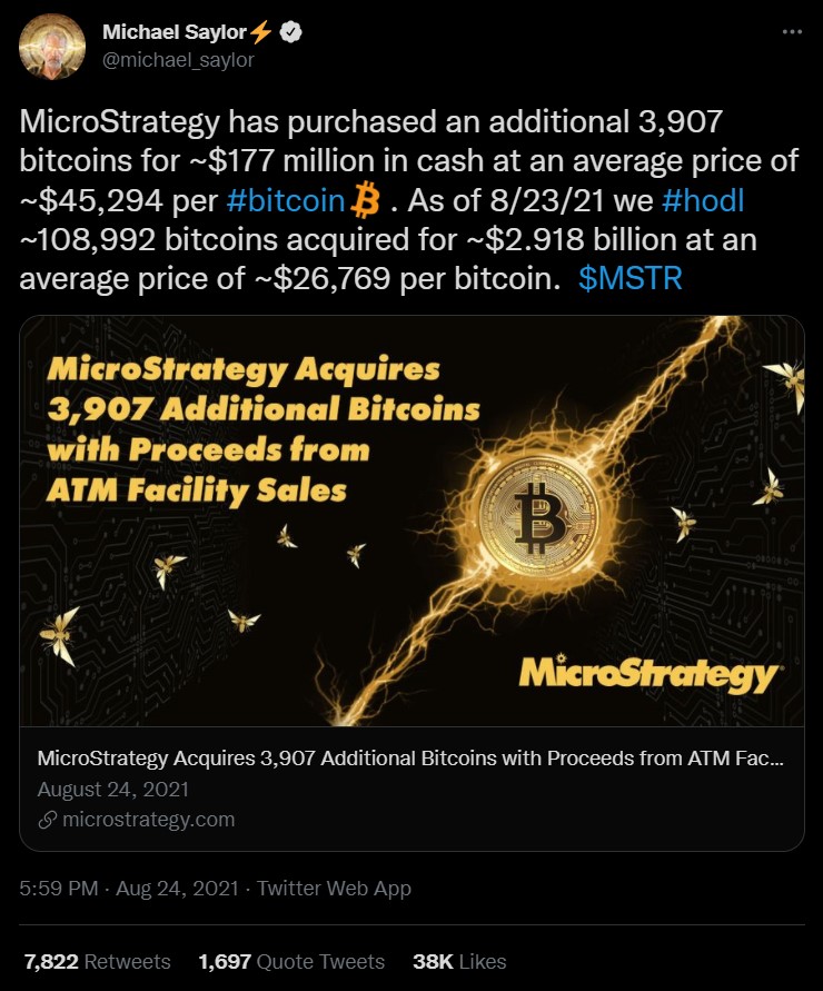 Tweet stating Microstrategy holds $3 billion worth of BTC