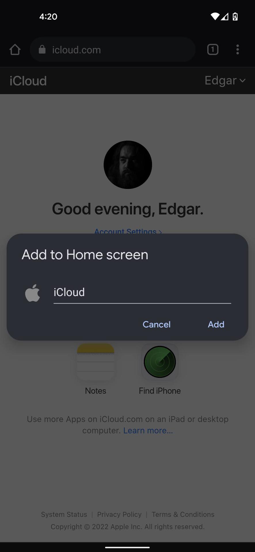 Add iCloud shortcut to home screen on Android 2