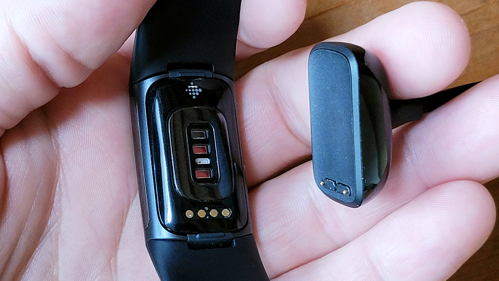 The user holds the Fitbit Charge 5 face down to view the rear sensors of the device.