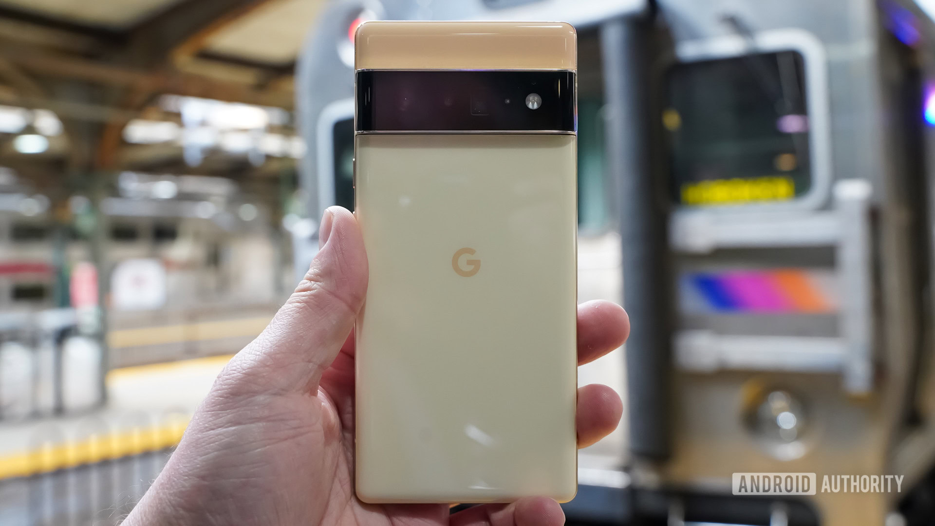 Google Pixel 6 Pro rear centered in front of train