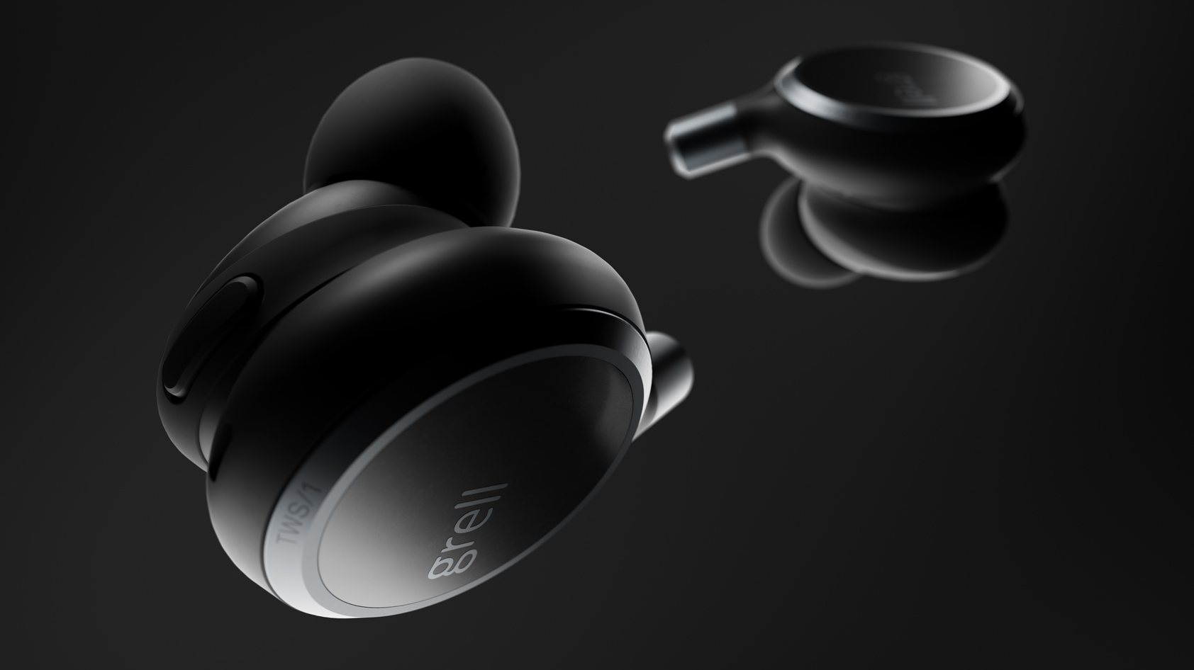 A product render of the Grell TWS-1 true wireless noise-cancelling earphones.