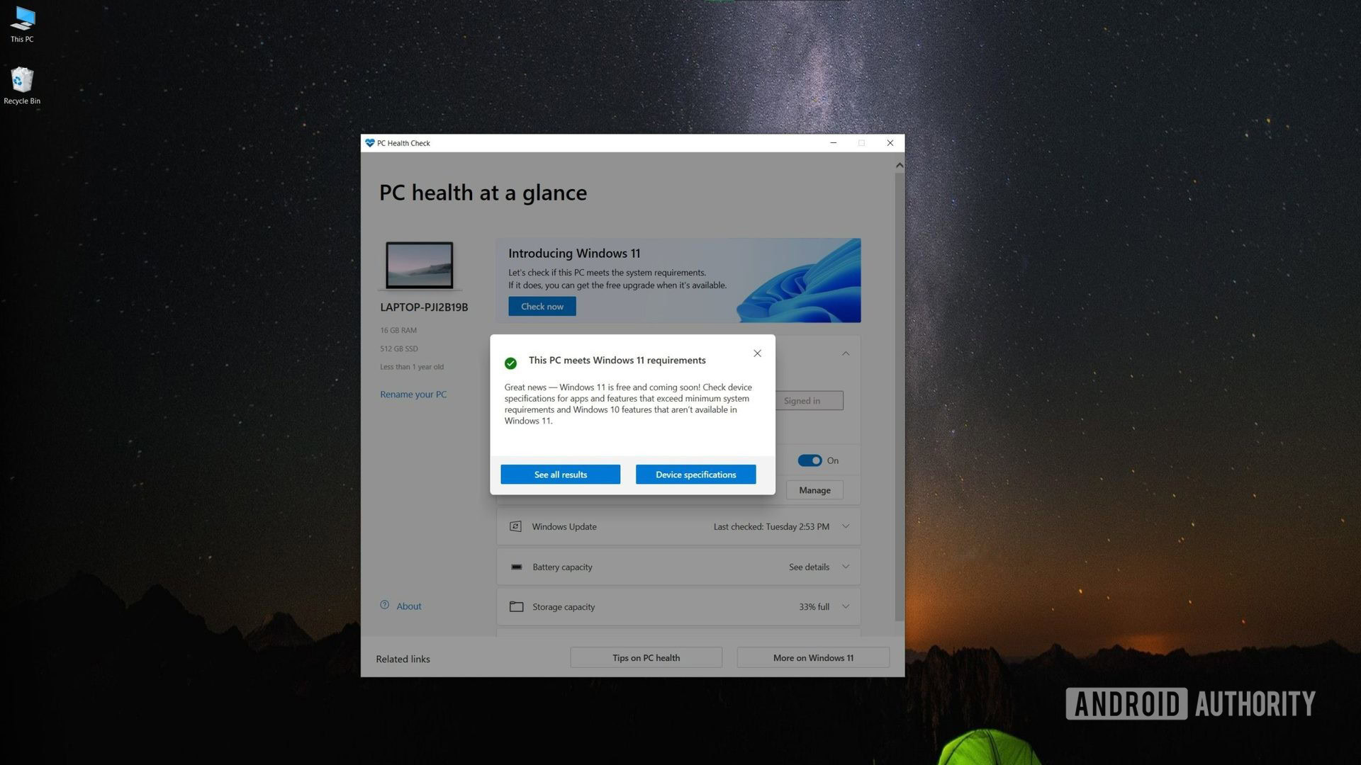 Install Windows 11 PC Health Checker success