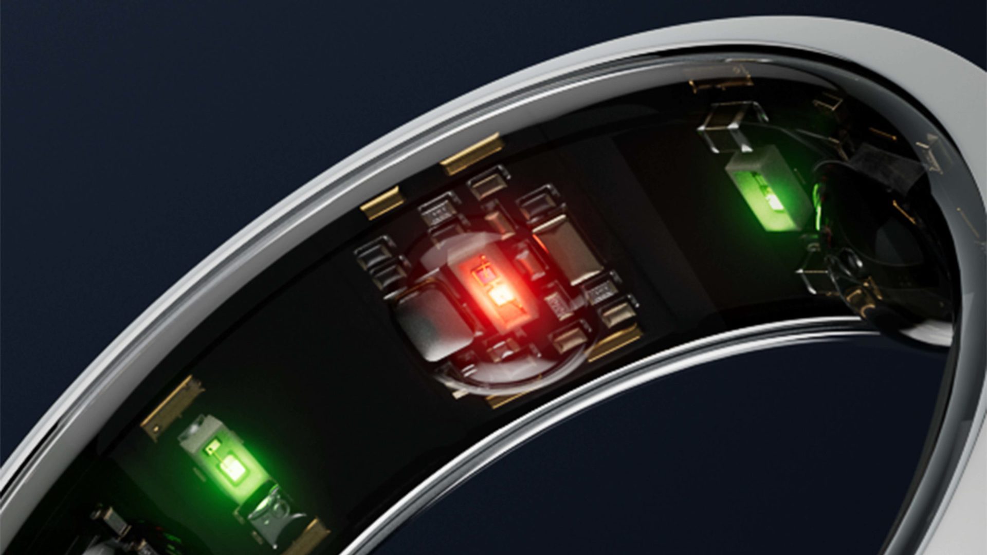 A macro image of the Oura Ring Generation 3 shows the devices new green LEDs.