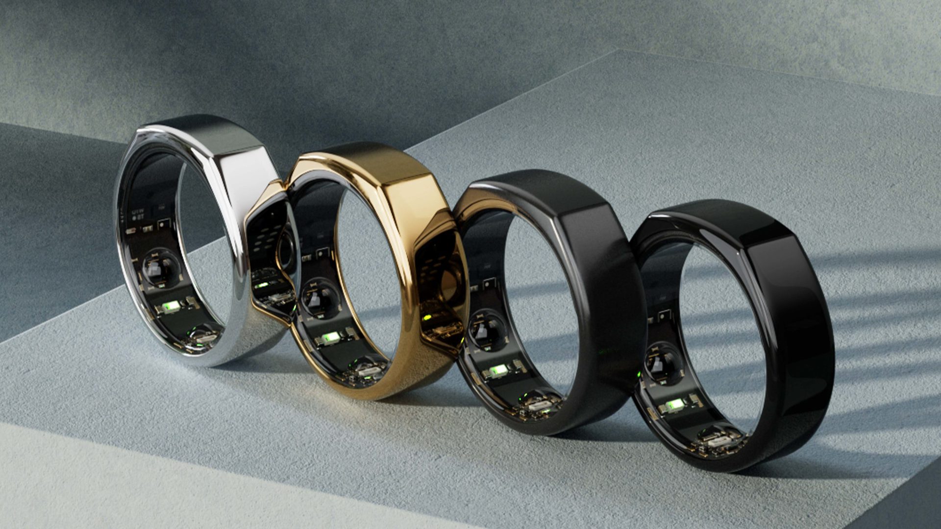 Hero image of the Oura Ring Generation 3 available in silver, gold, Stealth, and black.