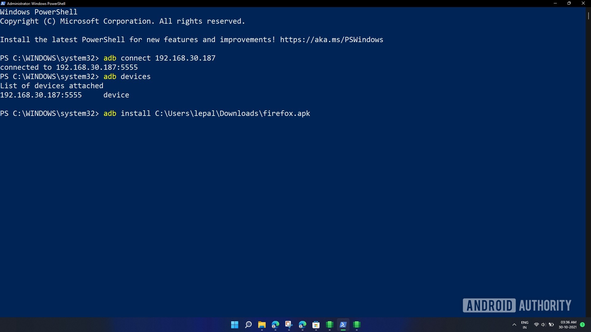 Subsistema de Windows 11 de Windows para el comando de instalación de Android