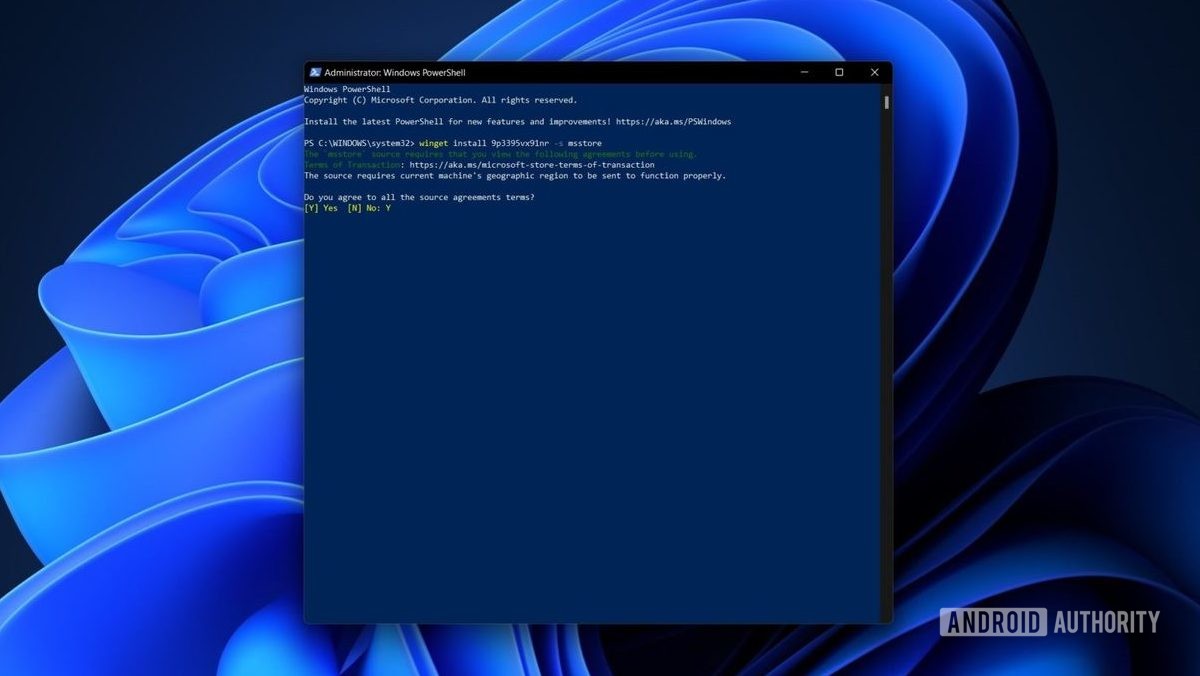 Acuerdo de subsistema Windows Android PowerShell de Windows 11