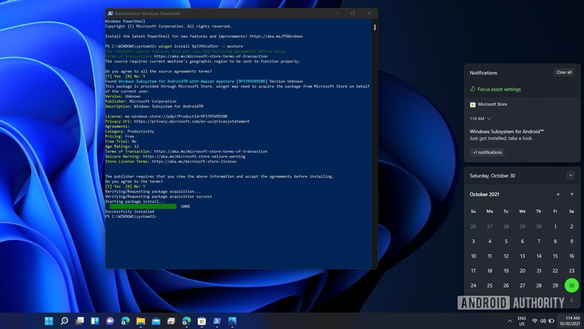 Windows 11 powershell Windows Android Subsystem instalación exitosa