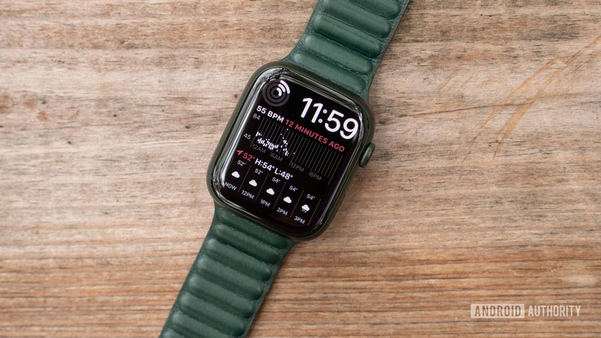 An Apple Watch Series 7 displays the modular duo watch face with room for detailed complications.