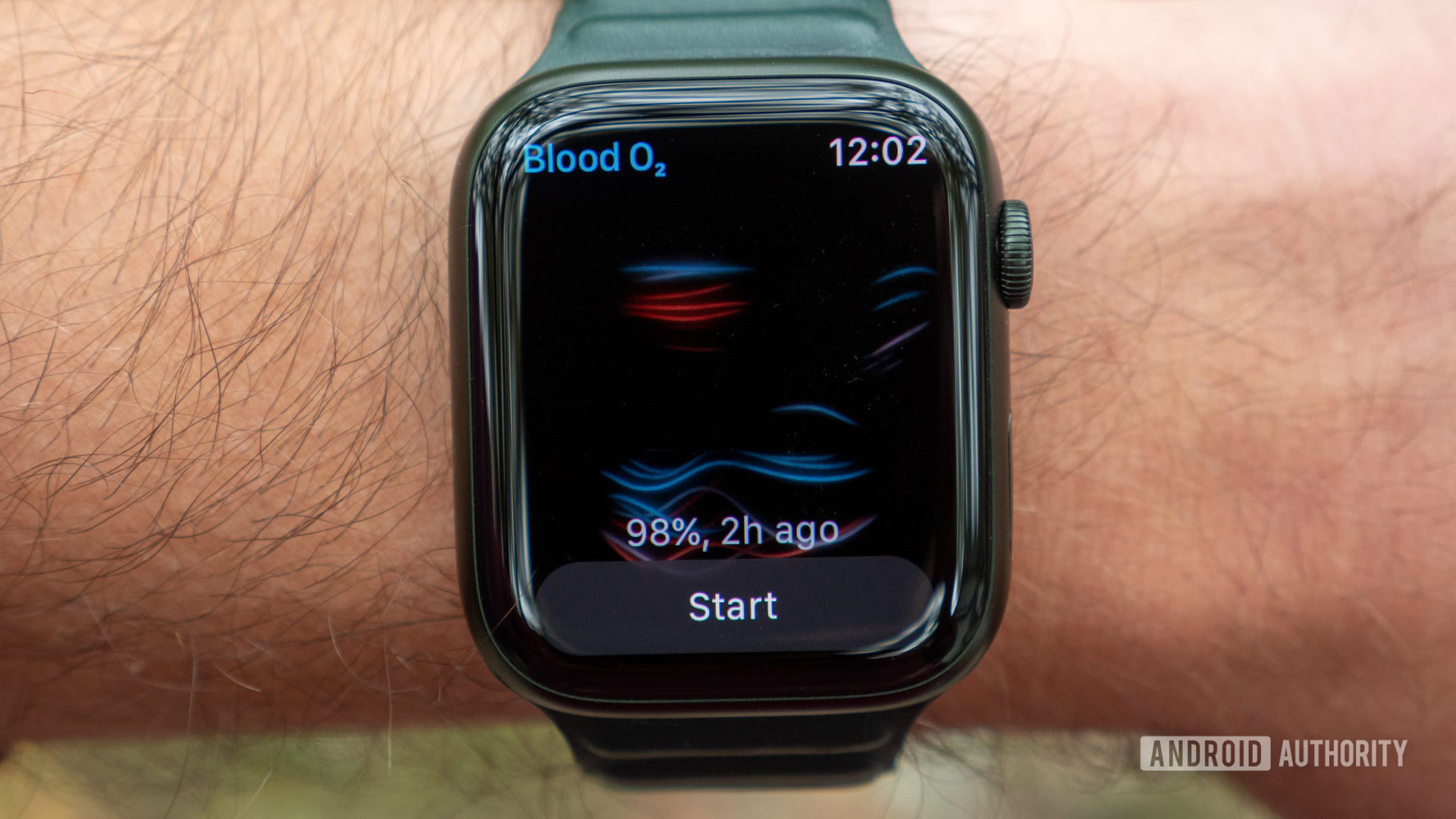 An Apple Watch Series 7 displays the device's blood oxygen SpO2 sensor on a wrist.