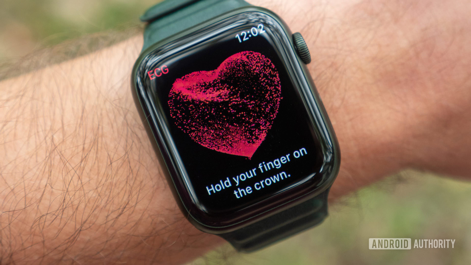 An image of the Apple Watch Series 7 on a wrist showing the ECG electrocardiogram app