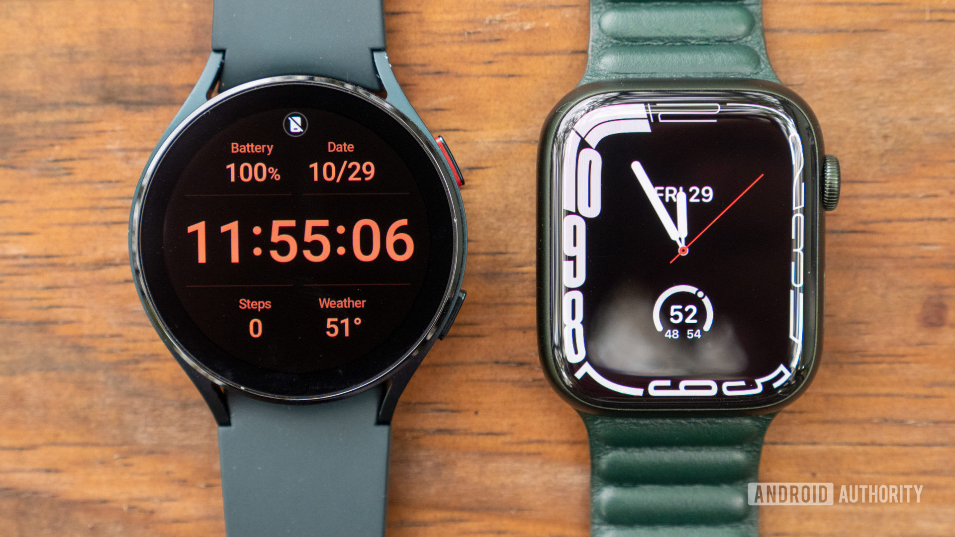 Apple Watch Series 7 vs Samsung Galaxy Watch 4 display watch face on table side by side