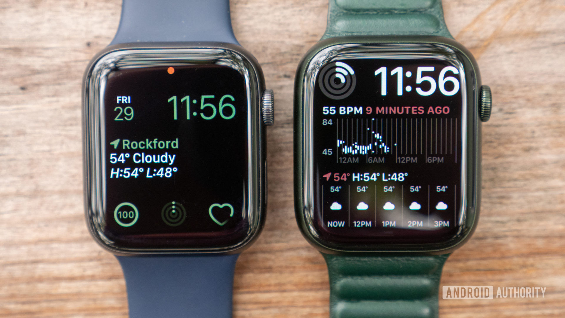 An image of the Apple Watch Series 7 next to the Apple Watch Series 6 showing the display sizes