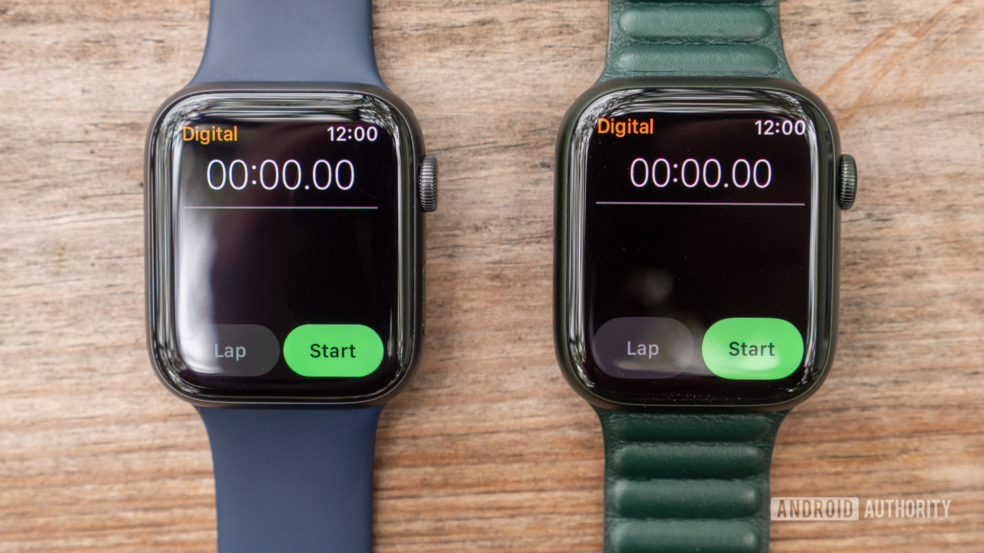 The Apple Watch Series 7 next to the Apple Watch Series 6 showing the display sizes in the stopwatch app