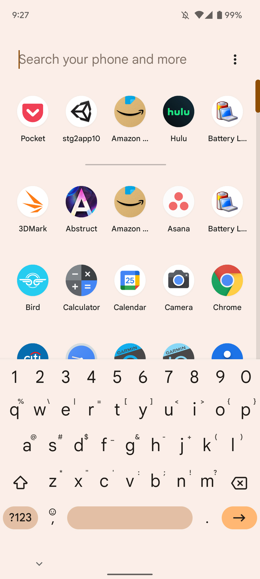 A screenshot of the Google Pixel 6 Android 12 app drawer with appsearch