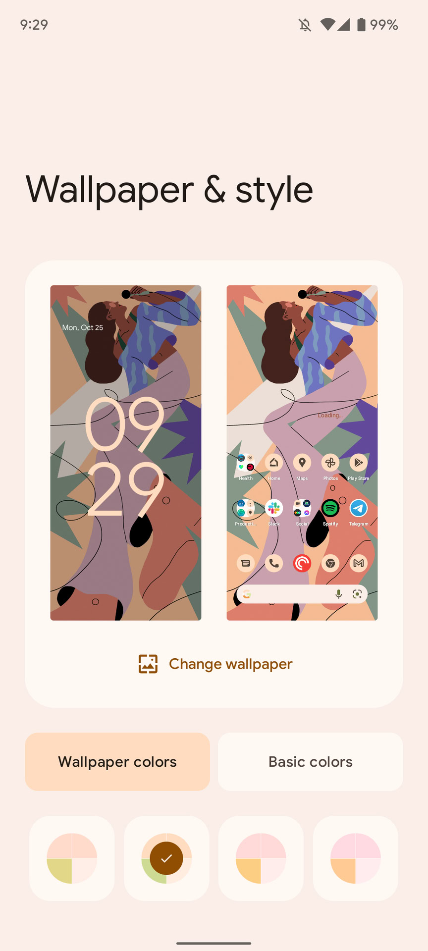 A screenshot of the Google Pixel 6 Android 12 styles and wallpapers change wallpaper screen