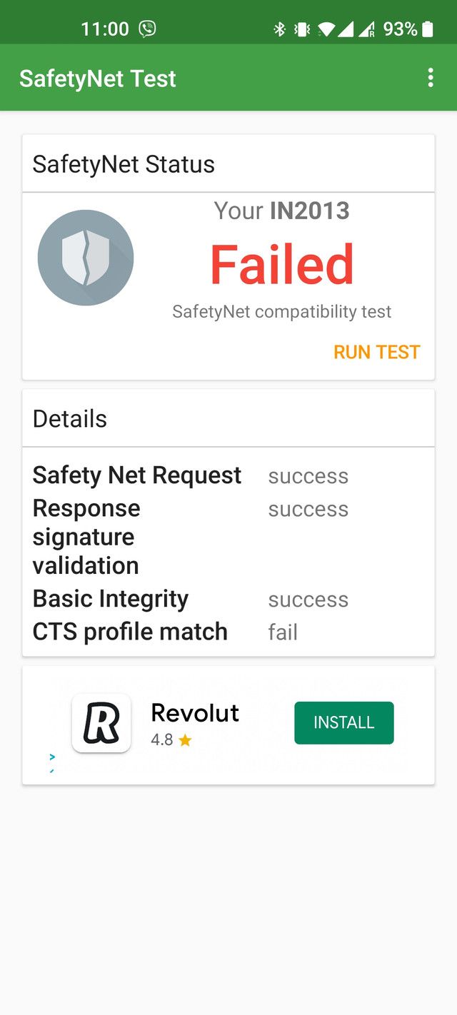 A screenshot showing the OnePlus 8 failing a SafetyNet check.